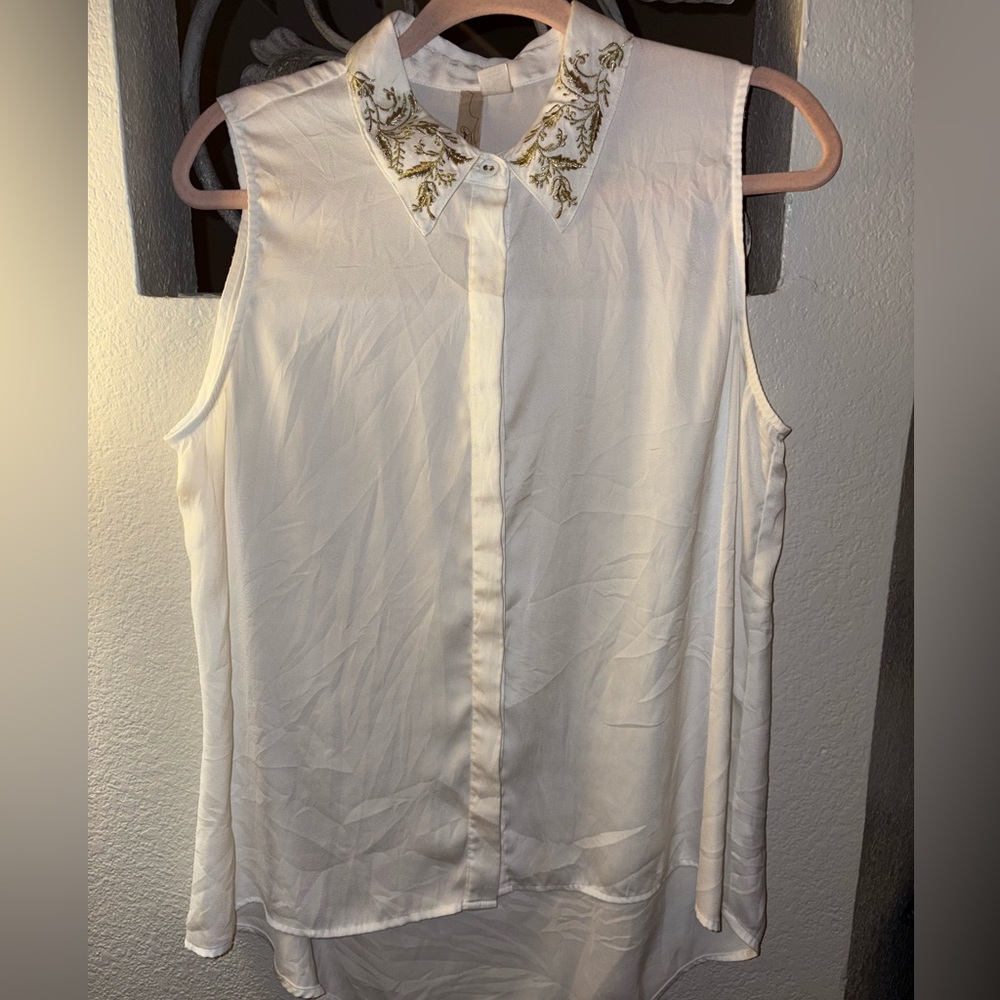 Forever 21 White Sleeveless Button Down Shirt with Gold Embroidery